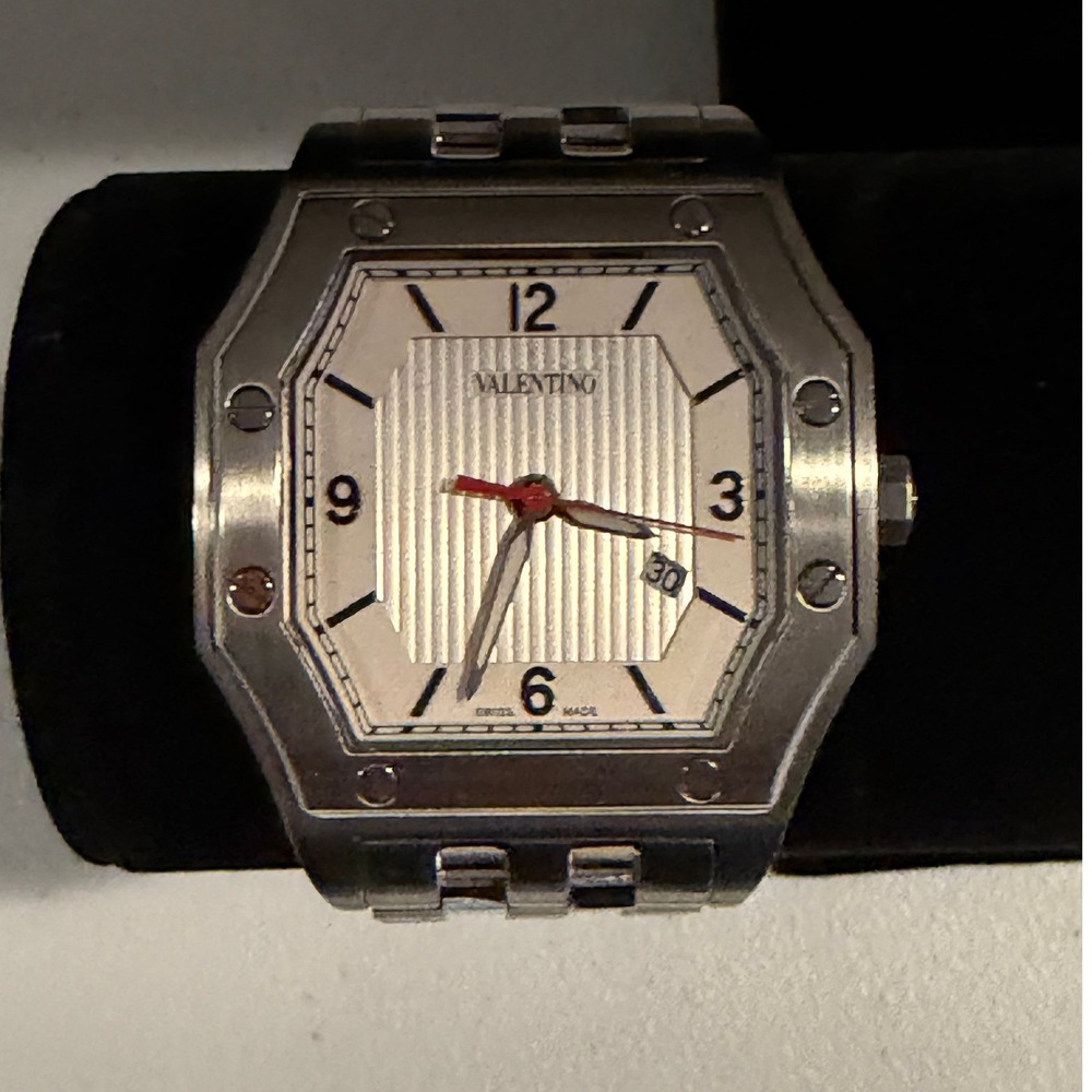 Valentino V39 Swiss Made Watch Stainless Steel Octagon Case Silver Dial Date